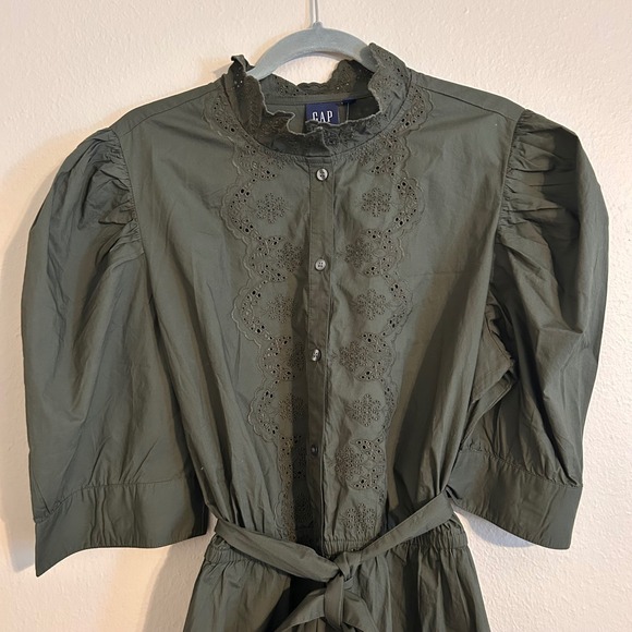 GAP Womens Olive Green Eyelet Lace Puff Sleeve Belted Midi Dress XL TALL - Picture 3 of 13
